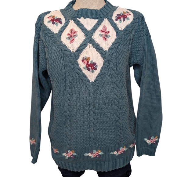 Lady Foot Locker Sweaters - Vintage Lady Footlocker Floral Knit Sweater 100% Cotton Teal Women’s Large